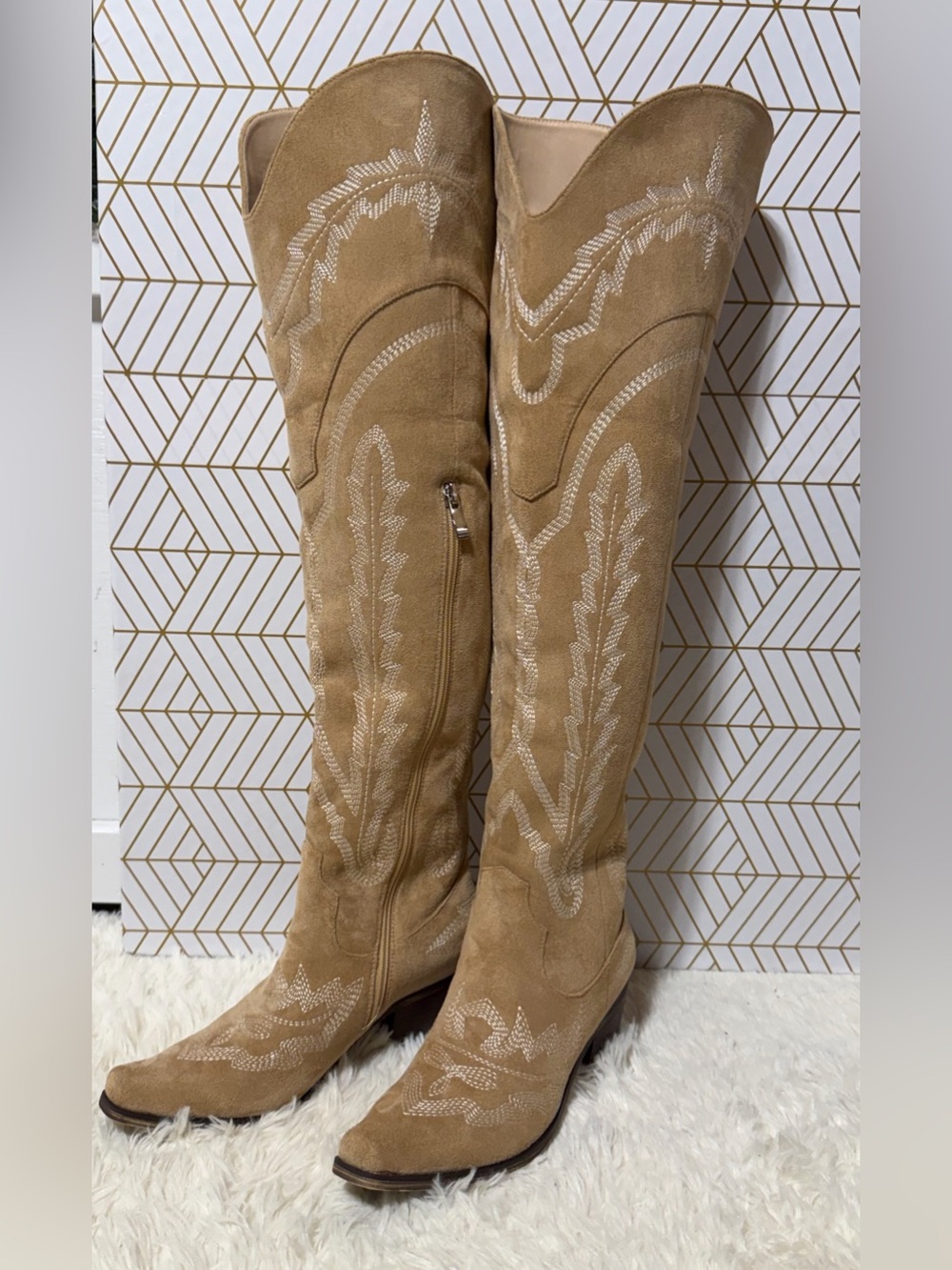 NWOT-Faux Suede Over-the-Knee Embroidered Boots in Tan - Unbranded